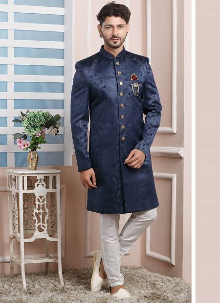 Blue Party Wear Mens Jaquard Silk Indo Western Collection 1690